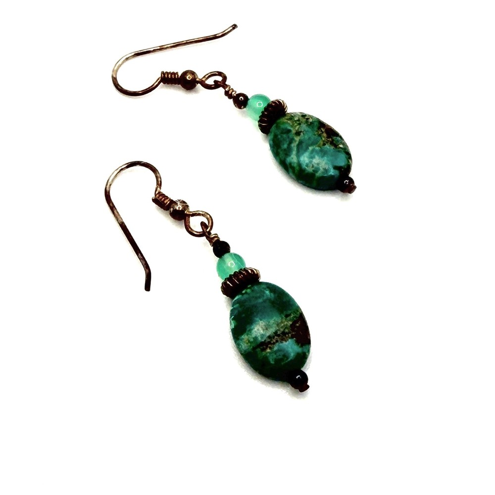 Vintage 90s Artisanal Turquoise Chrysoprase Bronze Beaded Boho Drop Earrings