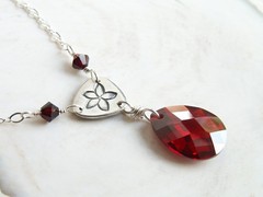 Sterling Handmade OOAK Necklace .925 Silver chain, red crystal, flower accent