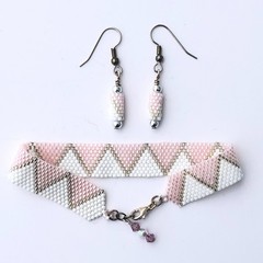 Bracelet and Earrings Peyote Stitch Pale Pink White Silver USA Made
