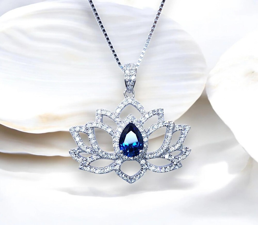 Blue Sapphire Necklace Lotus Flower Style Water lily Pendant 18KGP @ Sterling