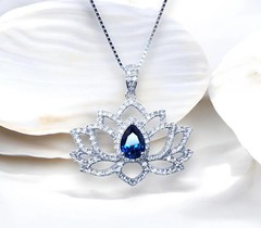 Blue Sapphire Necklace Lotus Flower Style Water lily Pendant 18KGP @ Sterling