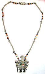 Peru 950 Sterling Silver Multi Stone Inlay Warrior King Pendant Heishi Necklace