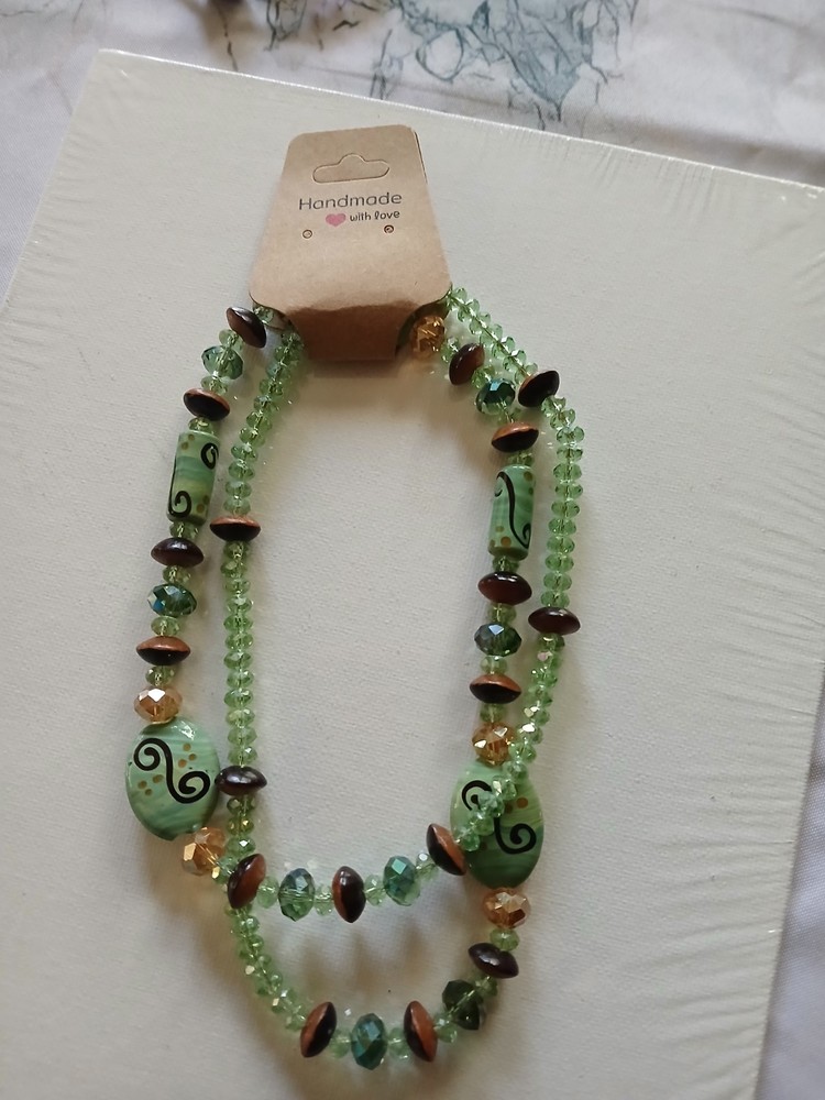 Handmade Glass Wood Crystal 29″ Beaded Necklace