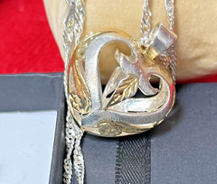 Vintage 2-Tone Puffy Open Art Sterling Silver 925 Gold Ct Heart Necklace 24″L