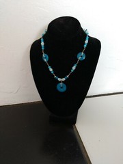 Aqua Beaded Necklace Hand Wrapped Wire Blue and White Beads Handmade Jewelry