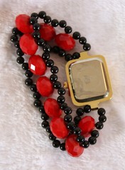 Three-piece Matching set, Geneva Watch, Bracelet, Earrings, Red Faceted Glass