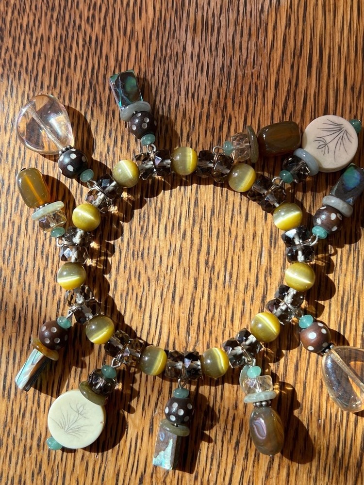 Artisan Handmade Multi-Bead Charm Bracelet with Stones and Carved Discs