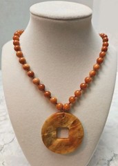 Red Orange Stone Beaded Necklace Carved Pendant Asian Statement 30″