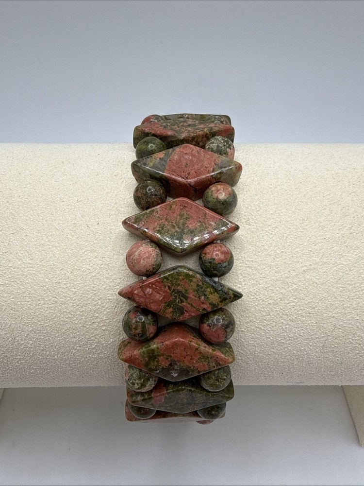 Natural Unakite Green & Peach Beaded Stretch Bracelet