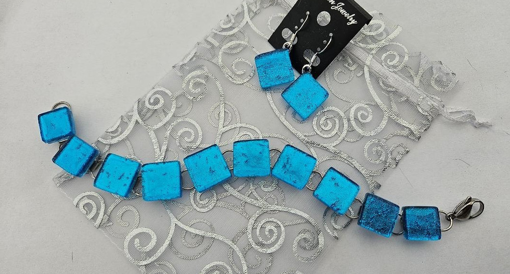 Handcrafted Fused Turquoise Blue Dichroic Glass Bracelet /Bonus-Earrings/New
