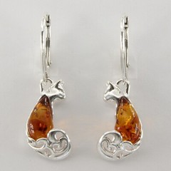 Cognac Brown BALTIC AMBER Cat Kitty Leverback Earrings 925 STERLING SILVER 5595e