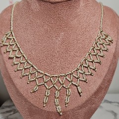 Vintage Handcrafted Glass Seedbead Collar Necklace Ivory With Golden Spacers