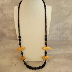 Vintage Hand Carved Wooden Dolphin Necklace Beaded 14″ Nautical Boho Art Jewelry