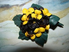 Handmade Small Leather Bouquet of Yellow & Black Flowers with Leaves Brooch