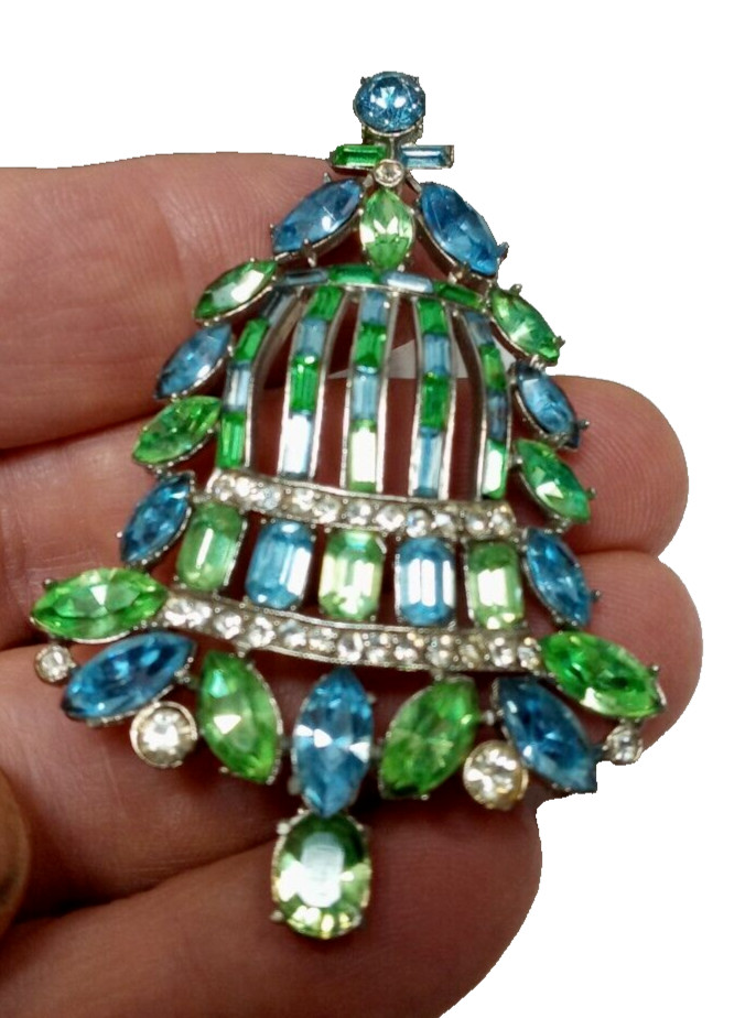 Rhinestone multicolor brooch / pin Vtg Holiday bell