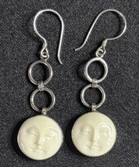 Bali Silver 925 Cream Full Moon Face Goddess Hooks & Links Dangle Earrings