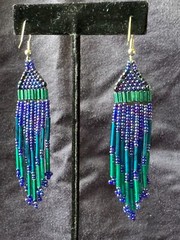 Handmade vintage beaded earrings [dark blue and green, 3.75 inches]