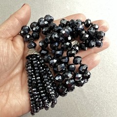 Handmade Artisan Faceted Black Glass Crystal Beaded Tassel Pendant Necklace KJP