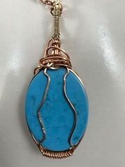 Handmade Copper Wire Wrapped Turquoise 1 1/3 x 2 3/4 Oval Pendant 18″ Chain #219