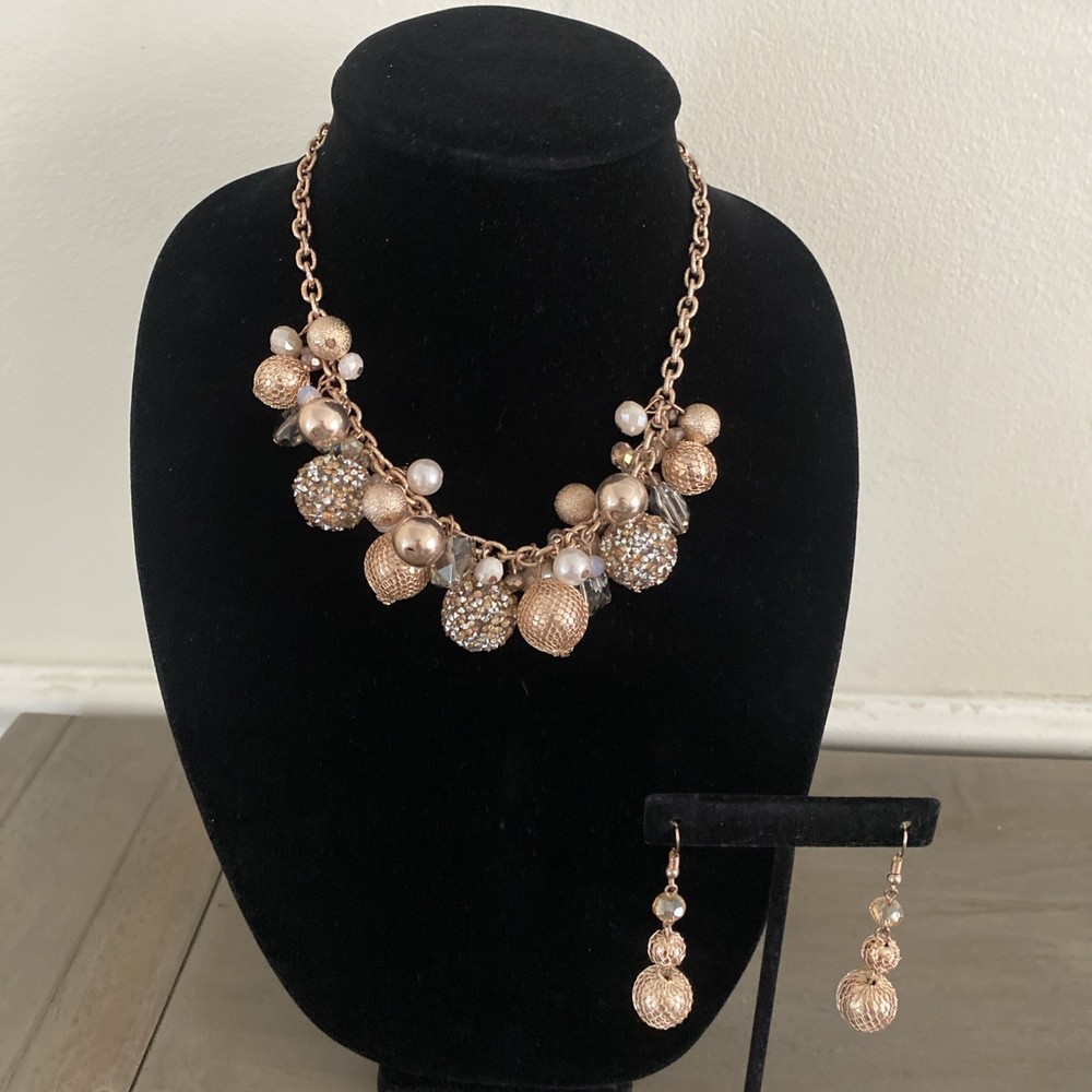 Necklace Earring Set Rose Gold Chain Beaded Cluster Dangle Chunky Statement Y2K