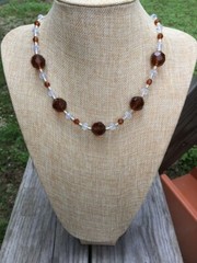 Handmade Necklace of Brown and Clear Glass Beads with Silver Plated Spacers