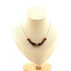 Necklace 9 Bronzite Pearls From Brazil + Wood 8 Mm Steel Chain Personal Size