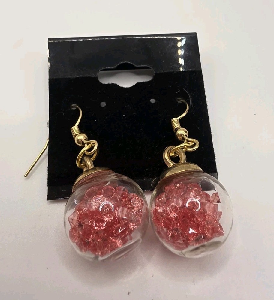 Gold Tone Pink Crystal Filled Balls Dangle Drop Statement Earrings