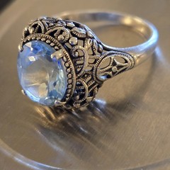 VTG Signed CNA Blue Topaz Thai Sterling Silver 925 Filigree Sz 10.5 Ring 6 Grams