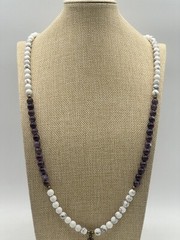 Howlite Gem Stretch Necklace With White And Purple Beads With Bronze Om Pendant