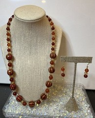 Handmade Red Rust Onyx, Artesian Beads Yellow Crystal Necklace 18k GP Earrings Q
