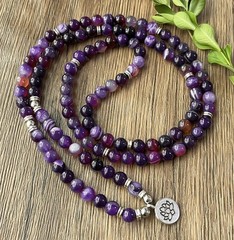 Boho Purple Agate Lotus Pendant Beaded 8mm Necklace Spiritual Meditation Soulful