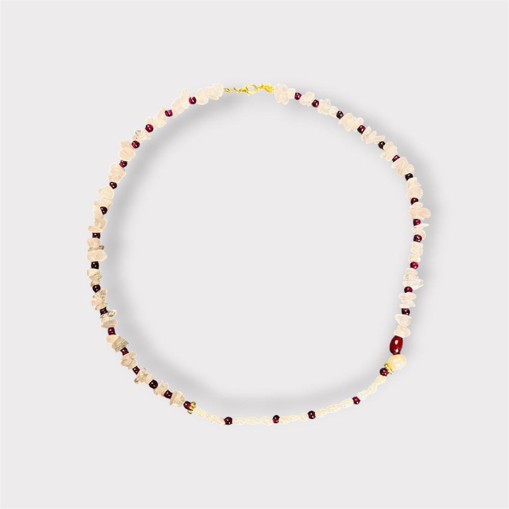 New. Rose Quartz Chips, Garnet, & Freshwater Pearls Artisan CraftedNecklace