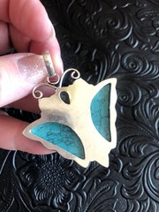 Artisan Blue Green Mosaic Garden Jasper Butterfly Hand Carved Pendant 2″