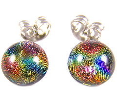 DICHROIC Glass Earrings Copper Gold Blue Rainbow Halo Pattern STUD Post 1/4″ 9mm