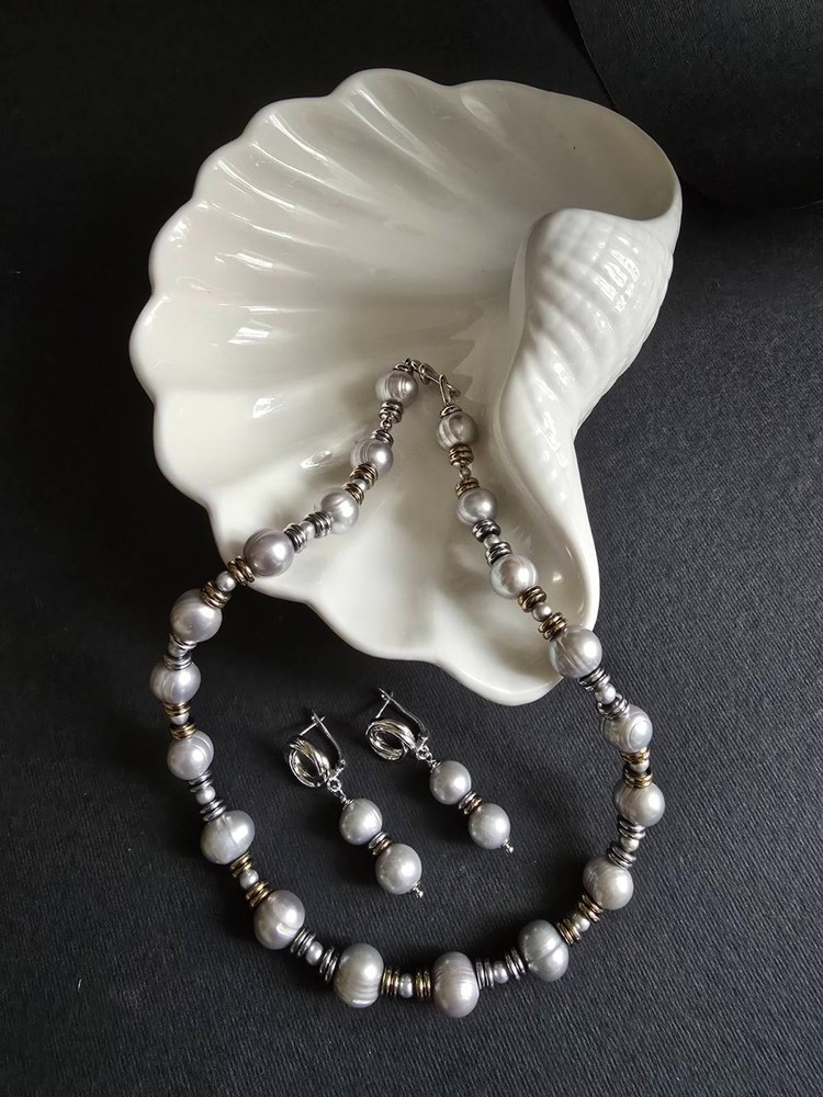 Natural Gray Freshwater Pearl Necklace Silver&Gold Rings 40cm + Earrings Gift