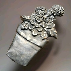 Vintage Pewter Flower Pot Garden Pin Brooch Handmade 2.25″ Bouquet Floral