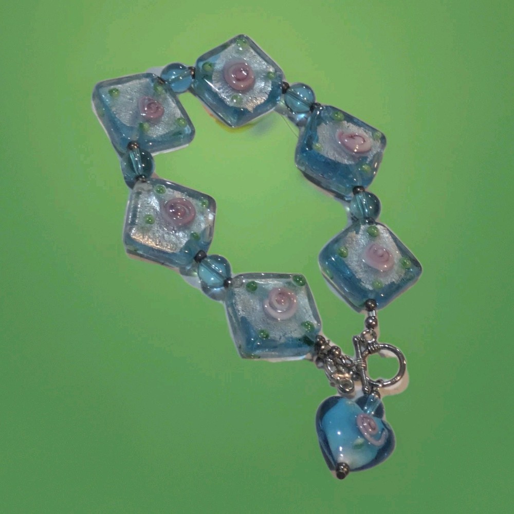 Aqua Venetian Murano And Lampwork Glass Silver Tone Toggle Bracelet 8.25”
