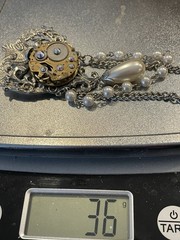 Steampunk OOAK Brooch Pin Clock Parts Rhinestone Dangle 4” long Goth