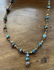 Handcrafted Blue Impression Jasper Necklace w/Gold Faceted & Tiny Blue Accents!