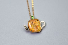 Teapot Mexican Fire Opal & Diamond, Tsavorite Pendant Necklace 18K Yellow Gold