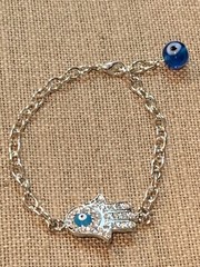 SALE*NEW ITEM- HANDCRAFTED RARE RHINESTONE EVIL EYE HAMSA CHARM BRACELET-SILVER