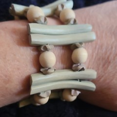 Beaded Wood Stretch Bracelet Beige Green Cord Nature Theme Asymmetrical Unisex