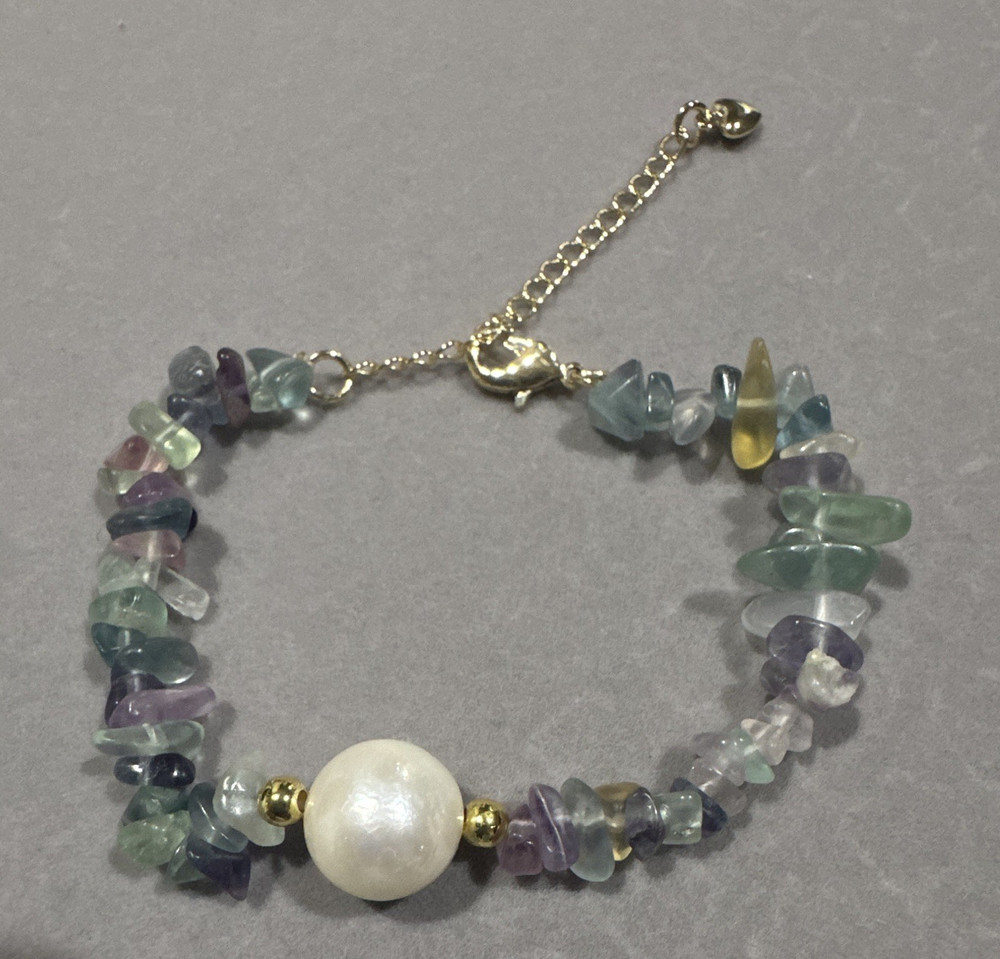 Multicolor fluorite Chip Beaded Bracelet Freshwater Pearl Lobster Clasp