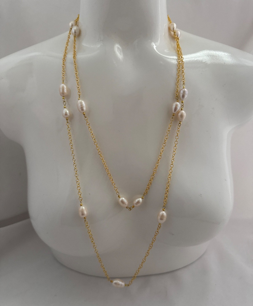 Gold Plate Rolo Chain And Baroque Pearl Double Strand 25″ – 28″ Necklace