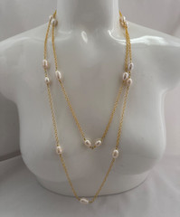 Gold Plate Rolo Chain And Baroque Pearl Double Strand 25″ – 28″ Necklace
