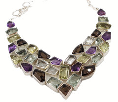 Sterling Silver Amethyst Multi-Gemstone Stone V Shape Statement Necklace ~ NEW