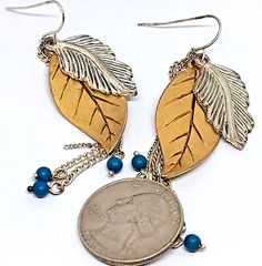 Drop Dangles Gold and Silver Tone Layered Leaves With Blue Bead Chain Earrings