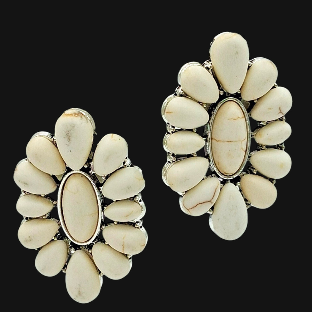 White Howlite Style Oval Cluster Earrings Silver Tone Post Back 1.25″