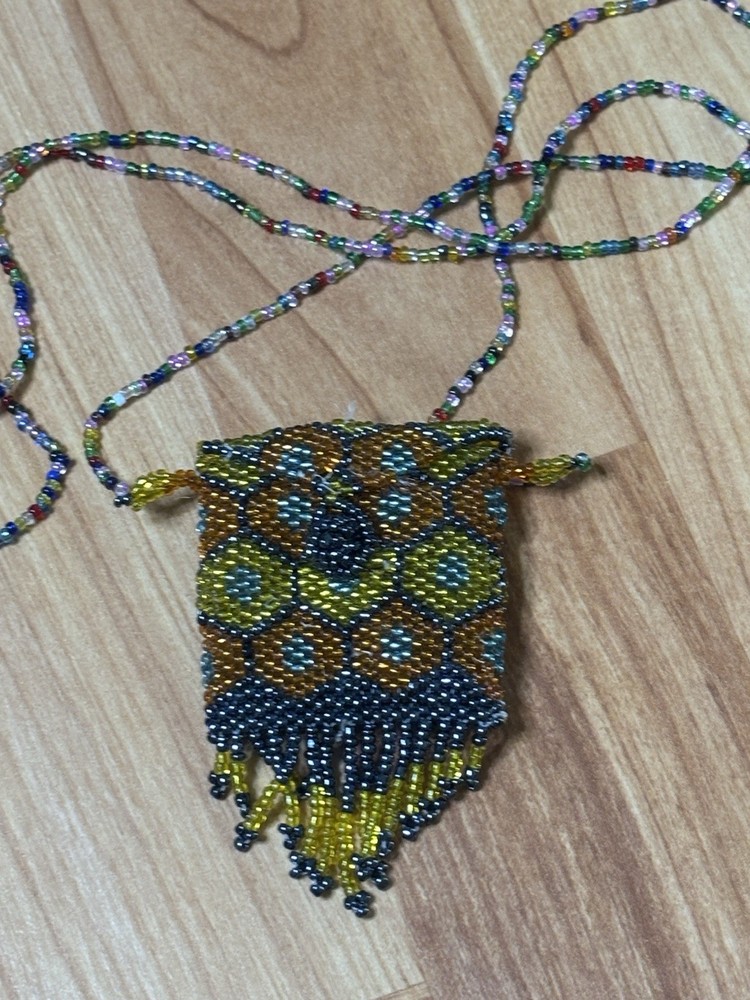 Handmade Glass Seed Bead Necklace Pouch Tassels BOHO Orange Yellow 17″ Drop NEW