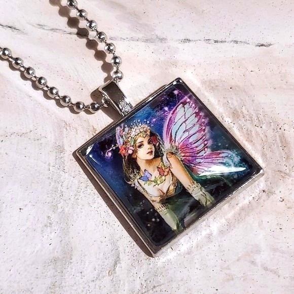 Faery Handcrafted Square Glass Cabochon Pendant Necklace